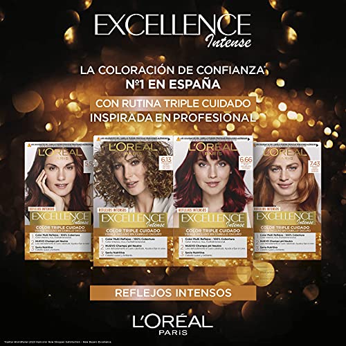 L'Oréal Paris Excellence Intense Tinte Permanente Triple Cuidado 100% Cobertura Canas Tono 7.43 Rubio Cobrizo - Pack 3 unidades