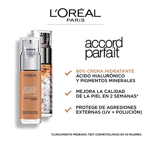 L'Oréal Paris - Fond de Teint Fluide Accord Parfait - Peaux Sèches à Normales - Teinte : Désert (6.5.N) - 30 ml - Nouvelle formule enrichie en acide Hyaluronique et Aloé Vera