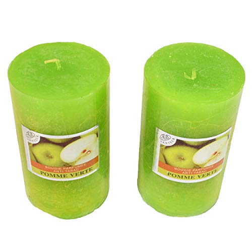 Lote de 2 velas votivas grandes perfumadas, antitabaco, candles para la decoración del interior de tu casa y para crear un ambiente Color: verde. Perfume de manzana 7 x 12 cm, duración 60 horas.