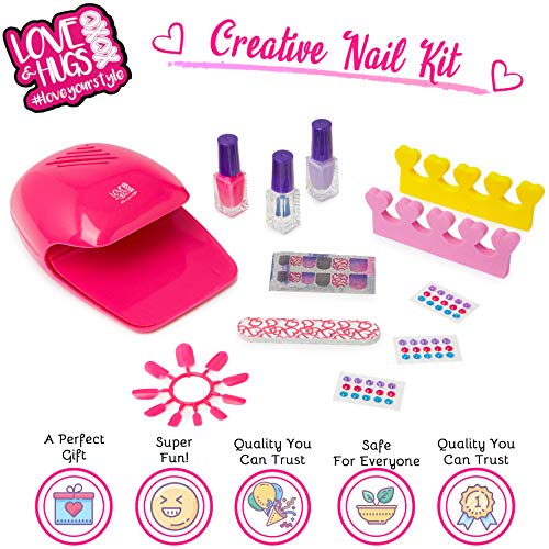 Love & Hugs Set de Esmalte de Uñas para Niñas, Kit De Nail Art Pintauñas Niñas con Pegatinas y Uñas Postizas, Decora Tus Uñas Set Maquillaje Niña, Manicura Infantil Juguete Regalos para Niños