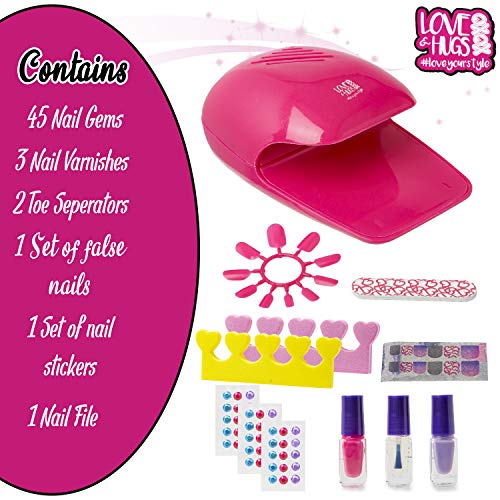 Love & Hugs Set de Esmalte de Uñas para Niñas, Kit De Nail Art Pintauñas Niñas con Pegatinas y Uñas Postizas, Decora Tus Uñas Set Maquillaje Niña, Manicura Infantil Juguete Regalos para Niños