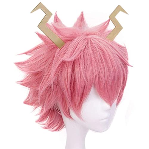 Lshpresx Pelucas de disfraz de Cosplay de pelo sintético de Anime rosa con dos cuernos con red de peluca gratis