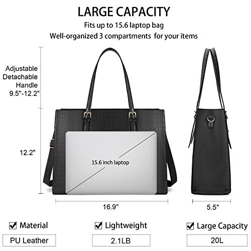 Lubardy Bolso Mujer Bolsos para Universitarias Mujer Bolso para Portatil 15.6 Pulgadas Impermeable Bolsos Bandolera Grande Bolso Shopper Cuero PU Bolsa Tote Negro