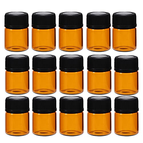 Lurrose 100 Unidades 1Ml Mini Vial de Vidrio Ámbar Aceites Esenciales Botellas de Muestra Mini Tarro de Vidrio con Tapón Perforado para Aceites Esenciales Perfumes Aroma Química