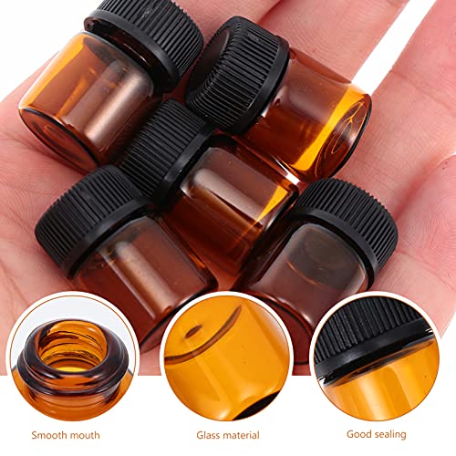 Lurrose 100 Unidades 1Ml Mini Vial de Vidrio Ámbar Aceites Esenciales Botellas de Muestra Mini Tarro de Vidrio con Tapón Perforado para Aceites Esenciales Perfumes Aroma Química