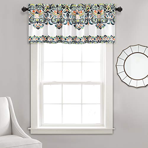 Lush Decor Clara Valance - Cortina Individual con Estampado de Damasco, Estilo Bohemio, 45,7 x 132 cm, Azul Marino y Mandarina