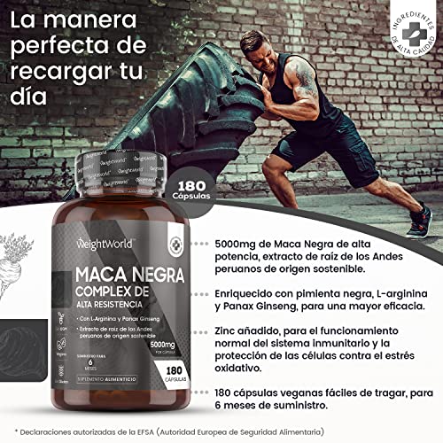 Maca Negra Andina Cápsulas Vegana 5000 mg 180 Cápsulas - Complejo Maca Root, Zinc, Arginina, Ginseng para 6 Meses Suministro, Reduce Cansancio Y Fatiga, Suplemento Deportivo, Para Hombre y Mujer