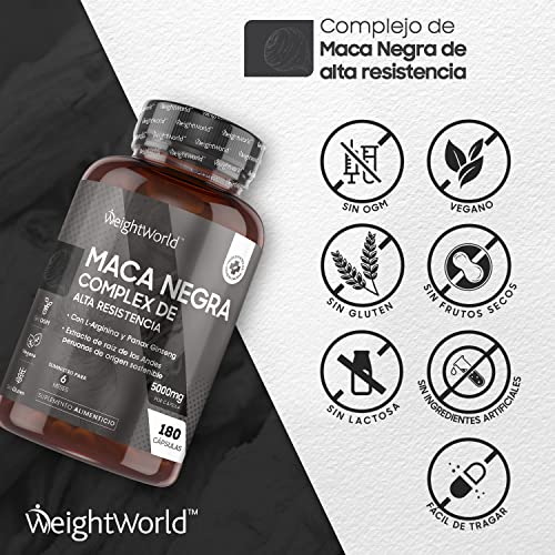 Maca Negra Andina Cápsulas Vegana 5000 mg 180 Cápsulas - Complejo Maca Root, Zinc, Arginina, Ginseng para 6 Meses Suministro, Reduce Cansancio Y Fatiga, Suplemento Deportivo, Para Hombre y Mujer