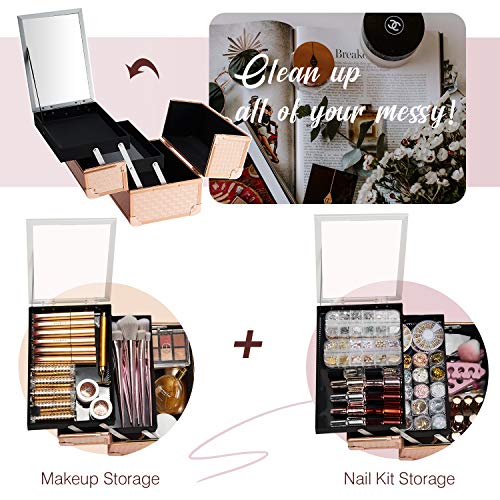 Maletín Maquillaje Estuche de Maquillaje Maletín de Joyero y Manicura Caja Maquillaje Cosméticos Organizador con Espejo Profesional Vacío Beauty Case de Viaje Regalos para Mujeres 24x17x19cm, Oro Rosa