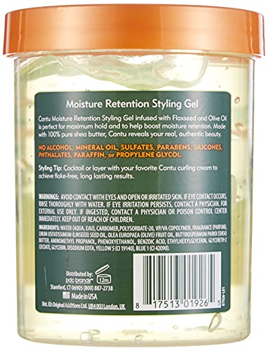 "Manteca de karité Cantu de retención máxima de humedad con linaza y aceite de oliva gel de peinado 18.5oz, 1pack"