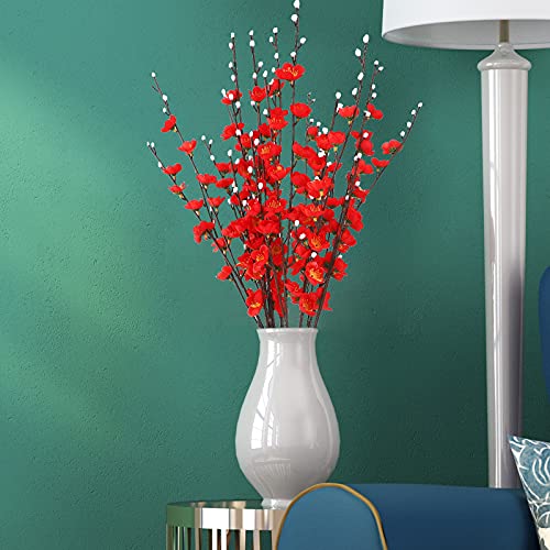 Maoiut 10 flores artificiales de ciruela, flores de seda sintética, flores de ciruelo, ramas de flores falsas, tallo largo para decoración del hogar, boda, fiesta, jardín (rojo)