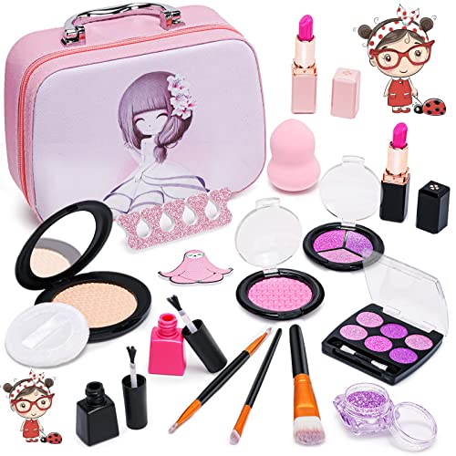 Maquillaje falso para niñas, estuche de maquillaje de juguete para niños, estuche de maquillaje para niñas, estuche de maquillaje, regalo de cumpleaños de Navidad para princesitas de 3 4 5 7 8 años