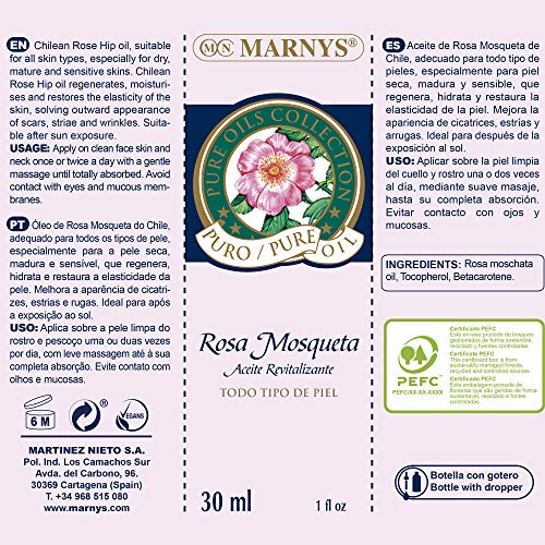 MARNYS Aceite revitalizante con pipeta, 100% Rosa Mosqueta vegetal, 30 ml, 1 unidad [El diseño del empaque puede diferir]