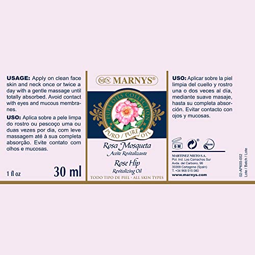 MARNYS Aceite revitalizante con pipeta, 100% Rosa Mosqueta vegetal, 30 ml, 1 unidad [El diseño del empaque puede diferir]