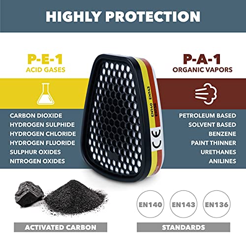 Máscara de Gas Completa Respirador RHINO RH-7011 Reutilizable para Vapores Orgánicos, Gases Ácidos, Fumigar, Pintura | Proteccion Facial con 10 Filtros de Recambio, Gafas de Protección y Guantes