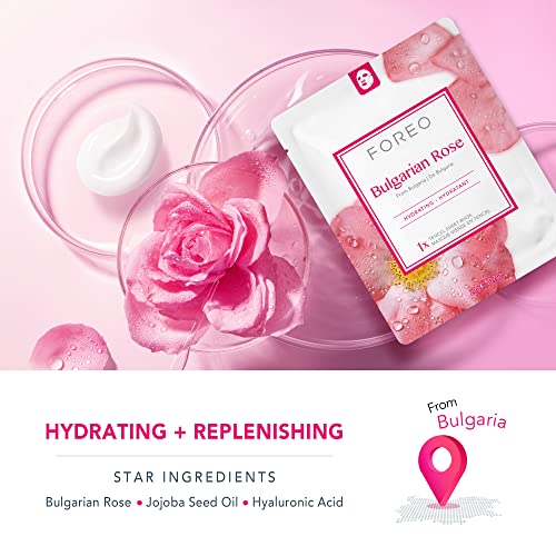 Mascarilla facial FOREO Bulgarian Rose para piel deshidratada y opaca, pack de 3, fórmula hidratante y revitalizante, no testada en animales y compatible con los dispositivos UFO