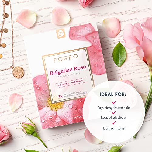 Mascarilla facial FOREO Bulgarian Rose para piel deshidratada y opaca, pack de 3, fórmula hidratante y revitalizante, no testada en animales y compatible con los dispositivos UFO