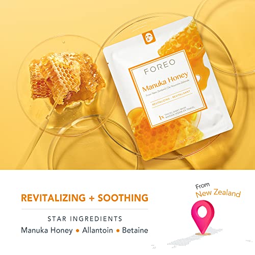 Mascarilla facial FOREO Manuka Honey para piel seca y fatigada, pack de 3, fórmula profundamente nutritiva y anti-edad, no testada en animales y compatible con los dispositivos UFO