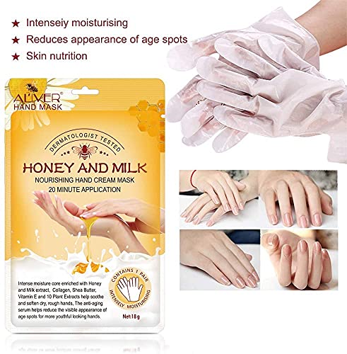 Mascarilla para manos, Guantes hidratantes de miel y leche Nutritiva Suavizar Cuidado de manos para grietas secas Máscara de manos Exfoliante Blanquear para mujeres y hombres (3 pares)