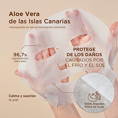 Mascarillas faciales Hidratantes Calmantes con Aloe Vera Canario. Mascarillas faciales Pack de 5. Potente acción Hidratante y Refrescante. Tejido Natural de Fibra de Frutas