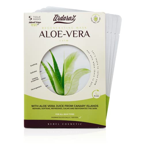 Mascarillas faciales Hidratantes Calmantes con Aloe Vera Canario. Mascarillas faciales Pack de 5. Potente acción Hidratante y Refrescante. Tejido Natural de Fibra de Frutas