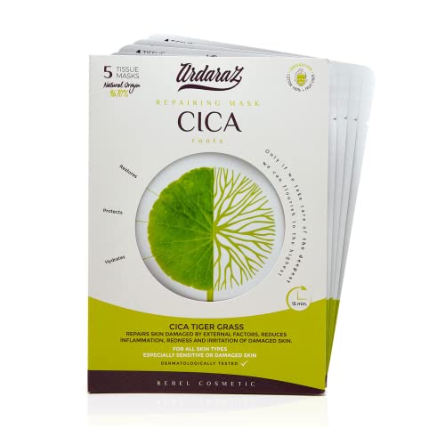 Mascarillas faciales Hidratantes Reparadoras con Concentrado de Cica y Acido Hialurónico. Mascarillas faciales Pack de 5. Potente acción Hidratante. Tejido Natural de Fibra de Frutas Ardaraz