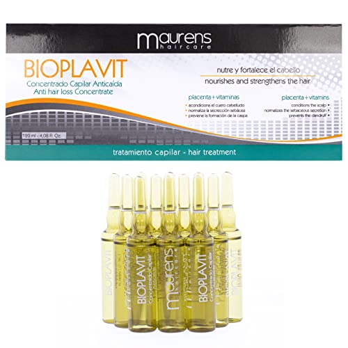 Maurens Bioplavit, Concentrado Capilar Anticaída Placenta y Vitaminas. 12 Ampollas de 10 ml. Acondiciona el cuero cabelludo evitando la caída del cabello fortaleciéndolo y nutriéndolo
