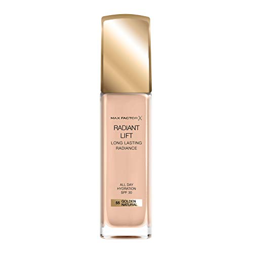 Max Factor Radiant Lift Liquid Pump cobertura media a completa Base de acabado radiante con SPF30 y ácido hialurónico, 055 dorado natural, tono de piel medio, 30 ml