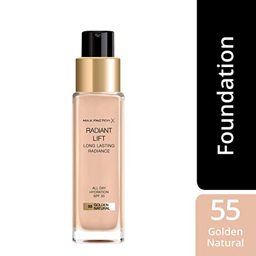 Max Factor Radiant Lift Liquid Pump cobertura media a completa Base de acabado radiante con SPF30 y ácido hialurónico, 055 dorado natural, tono de piel medio, 30 ml