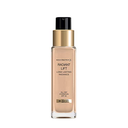 Max Factor Radiant Lift Liquid Pump cobertura media a completa Base de acabado radiante con SPF30 y ácido hialurónico, 055 dorado natural, tono de piel medio, 30 ml