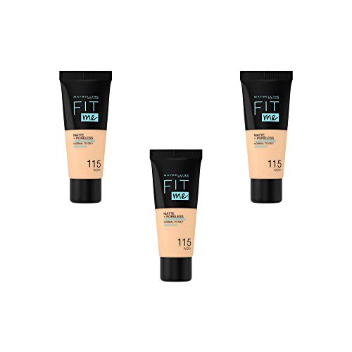 Maybelline New York Base de Maquillaje líquida Fit Me Matte & Poreless - 115 Ivory, Juego de 3 (3 x 30ml)