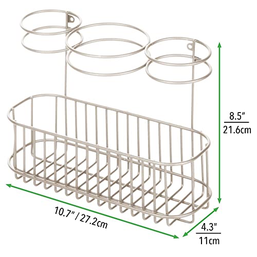 mDesign Soporte de pared para secador de pelo – Práctico estante de baño con 3 divisiones para utensilios de peluquería – Organizador de baño para secador, plancha o rizador – plateado mate