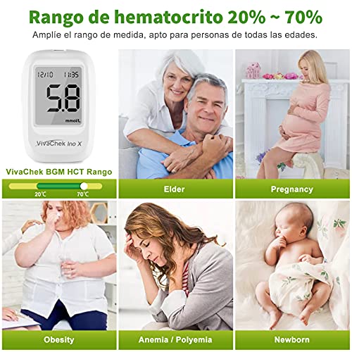 Medidor de glucosa en sangre, kit medidor azucar en sangre con codefree tiras de prueba de glucosa en sangre x 50, recordatorios de prueba y 900 memorias por VivaChek Ino X glucometro - mg/dL