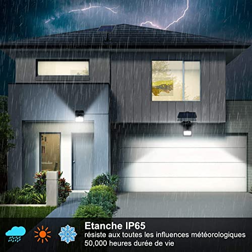 MEIKEE Lámparas Solares de Seguridad 450LM, LED Foco Solar con Sensor de Movimiento IP65, Iluminación de Exterior Blanco frío para jardín, terraza, camino, trastero(2 pack)