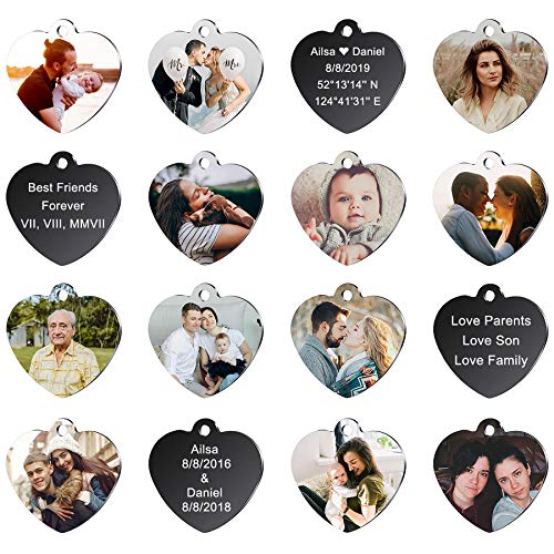 MeMeDIY Colgante de corazón Personalizado para Hombres Mujeres Grabado Nombre/Texto/Fecha/Color Imagen Collar de Fotos para Parejas Regalos de Dama Honor Mejor Amigo Amantes Acero Inoxidable Joyería