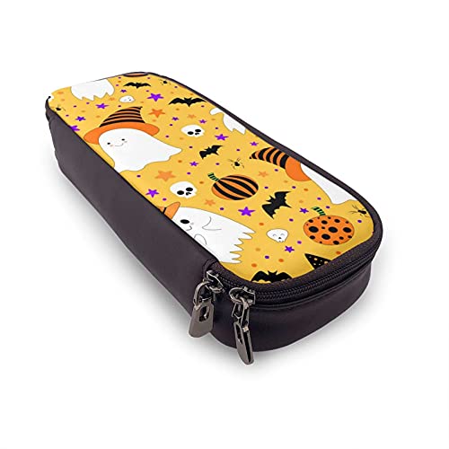 mengmeng Patrón de Halloween con lindos fantasmas de cuero estuche de gran capacidad para lápices, organizador de papelería con caja de almacenamiento de cremallera, bolsa de cosméticos