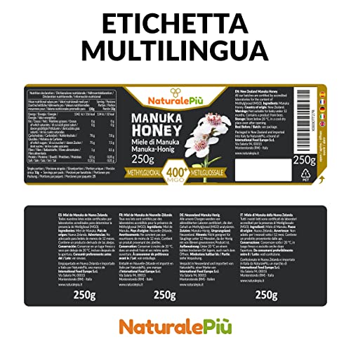 Miel de Manuka 400+ MGO de 250g. Producida en Nueva Zelanda, activa y cruda, Pura y natural. Metilglioxial probado por laboratorios acreditados. NATURALEPIÙ
