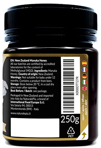 Miel de Manuka 400+ MGO de 250g. Producida en Nueva Zelanda, activa y cruda, Pura y natural. Metilglioxial probado por laboratorios acreditados. NATURALEPIÙ