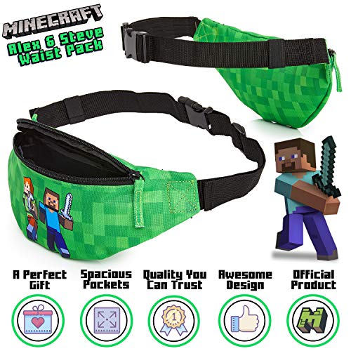 Minecraft Riñonera Deportiva, Riñonera Niño En Color Verde, Bolso Cinturon Con Correa Ajustable Para Viajar Deporte Colegio, Merchandising Oficial Regalos Para Niños y Adolescentes