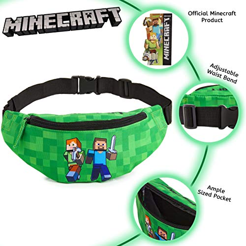 Minecraft Riñonera Deportiva, Riñonera Niño En Color Verde, Bolso Cinturon Con Correa Ajustable Para Viajar Deporte Colegio, Merchandising Oficial Regalos Para Niños y Adolescentes