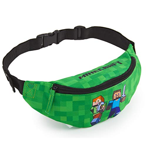 Minecraft Riñonera Deportiva, Riñonera Niño En Color Verde, Bolso Cinturon Con Correa Ajustable Para Viajar Deporte Colegio, Merchandising Oficial Regalos Para Niños y Adolescentes