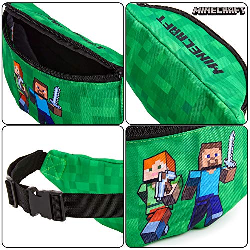 Minecraft Riñonera Deportiva, Riñonera Niño En Color Verde, Bolso Cinturon Con Correa Ajustable Para Viajar Deporte Colegio, Merchandising Oficial Regalos Para Niños y Adolescentes