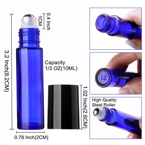 MINGZE 8 piezas 10ml Botellas de vidrio azul con bola de metal de acero inoxidable, Botella de aceite esencial Roll-on, Perfume de aromaterapia, de rodillo para líquido