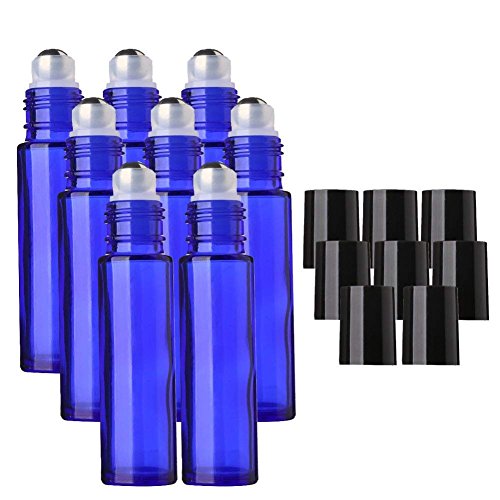 MINGZE 8 piezas 10ml Botellas de vidrio azul con bola de metal de acero inoxidable, Botella de aceite esencial Roll-on, Perfume de aromaterapia, de rodillo para líquido