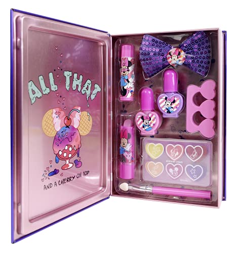 Minnie Delicious Book, Set de Maquillaje de Minnie en un Libro con los Secretos de Belleza de Minnie, Divertido Kit de Maquillaje, Coloridos Accesorios, Juguetes y Regalos para Niños y Niñas