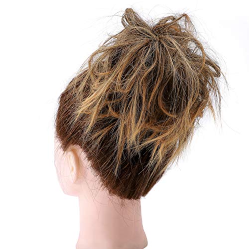 Moño Postizo Pelo Sintético Se Ve Natural Voluminoso Postizos de Pelo Recogido Coletero Peinado Extensiones de Cabello Rizado Corto Messy Bun Castaño Medio Mix Rubio Dorado