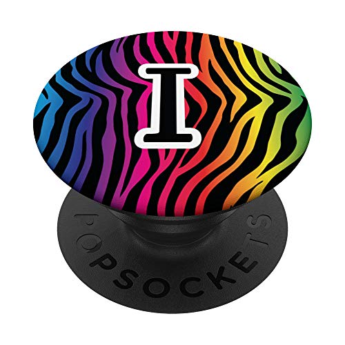 Monograma inicial letra I cebra arcoíris negro animal print PopSockets PopGrip Intercambiable