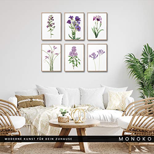 MONOKO® Juego de pósteres para el salón – Juego de imágenes para dormitorio – Cuadros de pared elegantes – Juego de 6 sin marco (flores, lila, lavanda, 6 x A4 (21 x 29,7 cm)