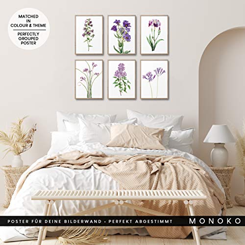 MONOKO® Juego de pósteres para el salón – Juego de imágenes para dormitorio – Cuadros de pared elegantes – Juego de 6 sin marco (flores, lila, lavanda, 6 x A4 (21 x 29,7 cm)