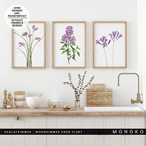 MONOKO® Juego de pósteres para el salón – Juego de imágenes para dormitorio – Cuadros de pared elegantes – Juego de 6 sin marco (flores, lila, lavanda, 6 x A4 (21 x 29,7 cm)